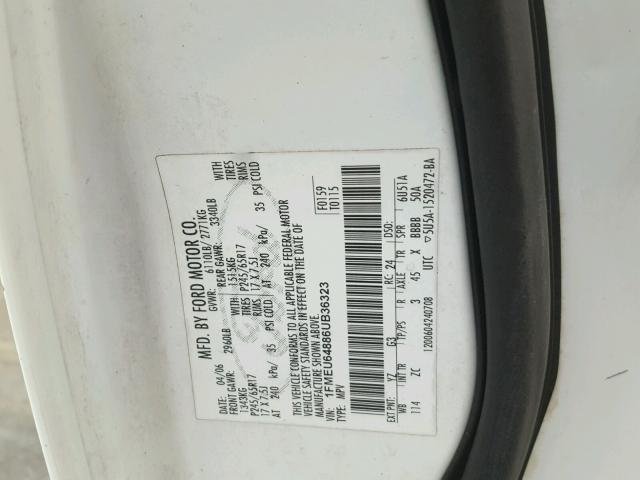 1FMEU64886UB36323 - 2006 FORD EXPLORER E WHITE photo 10