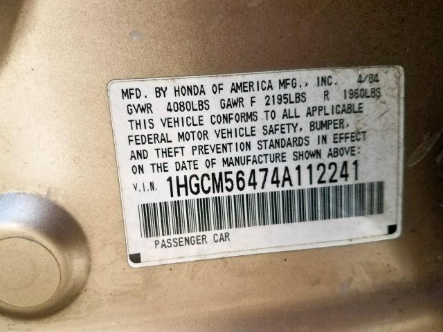 1HGCM56474A112241 - 2004 HONDA ACCORD LX GOLD photo 10