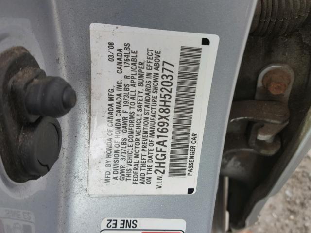 2HGFA169X8H520377 - 2008 HONDA CIVIC EXL 银色 照片 10