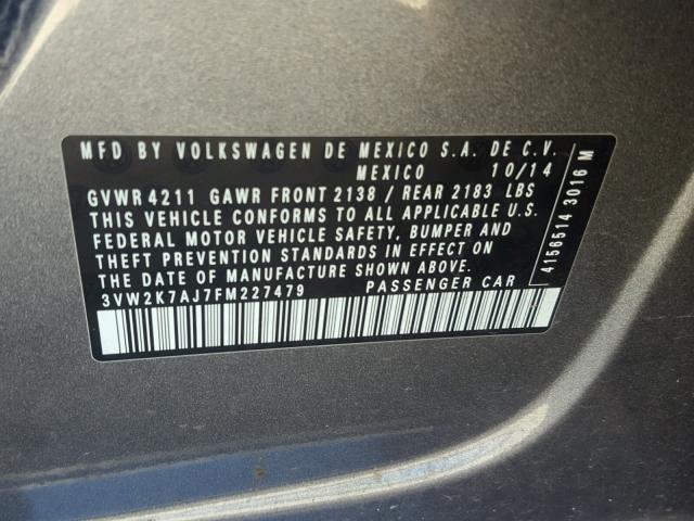 3VW2K7AJ7FM227479 - 2015 VOLKSWAGEN JETTA BASE 灰色 照片 10