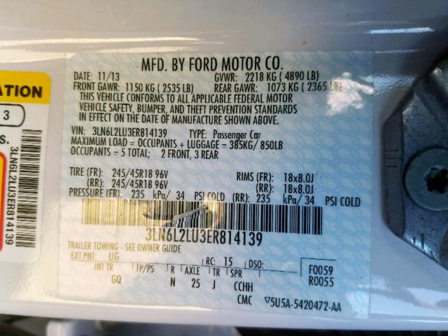 3LN6L2LU3ER814139 - 2014 LINCOLN MKZ HYBRID WHITE photo 10