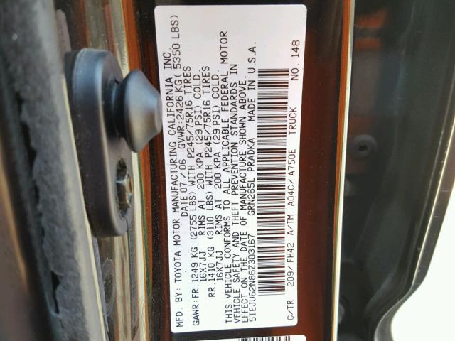 5TEJU62N86Z303167 - 2006 TOYOTA TACOMA DOU BLACK photo 10