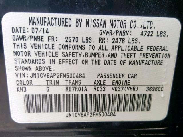 JN1CV6AP2FM500484 - 2015 INFINITI Q40 BLACK photo 10