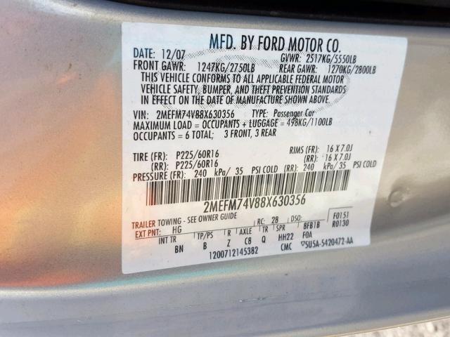 2MEFM74V88X630356 - 2008 MERCURY GRAND MARQ SILVER photo 10