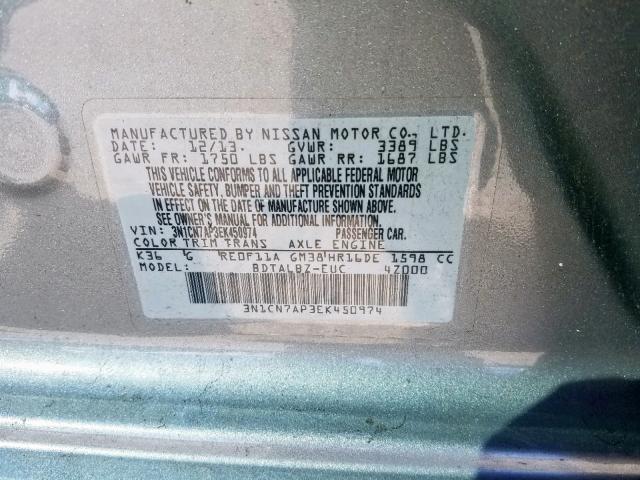 3N1CN7AP3EK450974 - 2014 NISSAN VERSA S SILVER photo 10