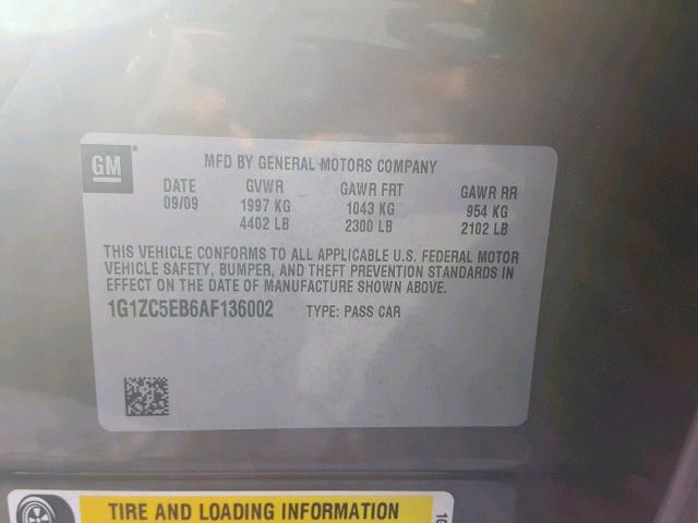 1G1ZC5EB6AF136002 - 2010 CHEVROLET MALIBU 1LT 灰色 照片 10