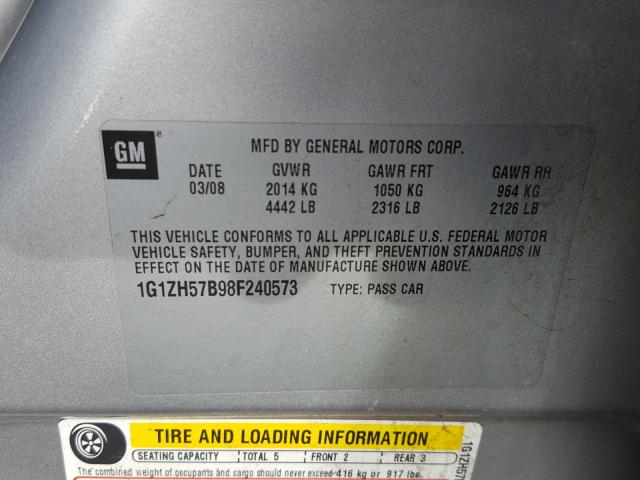 1G1ZH57B98F240573 - 2008 CHEVROLET MALIBU 1LT SILVER photo 10