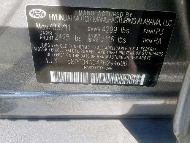 5NPEB4AC4BH294606 - 2011 HYUNDAI SONATA GLS GRAY photo 10