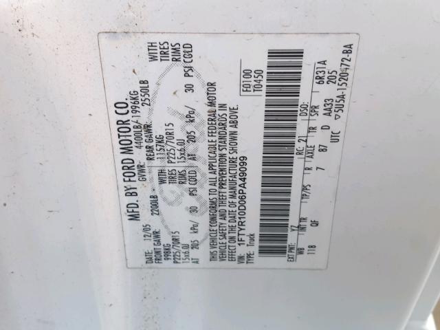 1FTYR10D06PA49099 - 2006 FORD RANGER WHITE photo 10