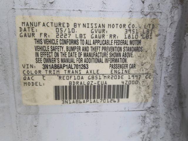 3N1AB6AP1AL701263 - 2010 NISSAN SENTRA 2.0 WHITE photo 10