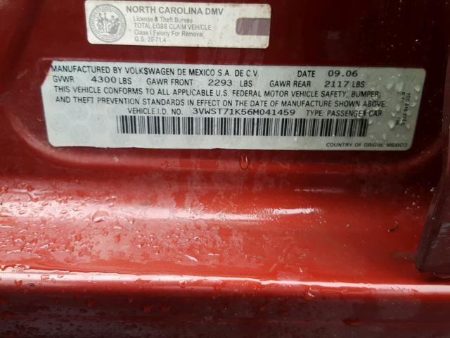 3VWST71K56M041459 - 2006 VOLKSWAGEN JETTA TDI RED photo 10