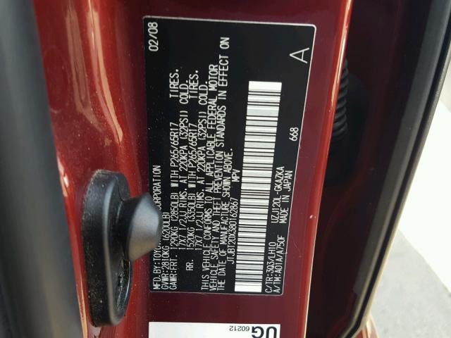 JTJBT20X380162867 - 2008 LEXUS GX 470 RED photo 10