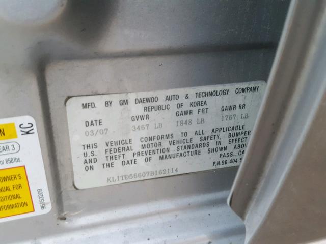 KL1TD56607B162114 - 2007 CHEVROLET AVEO BASE Күміс фото 10