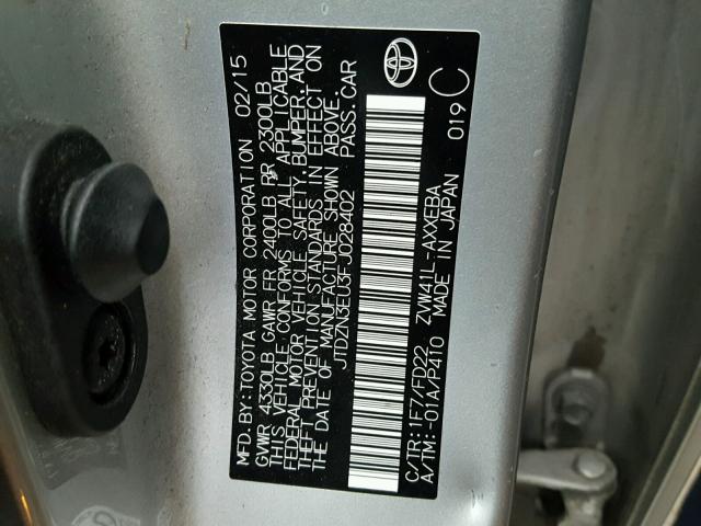 JTDZN3EU3FJ028402 - 2015 TOYOTA PRIUS V SILVER photo 10