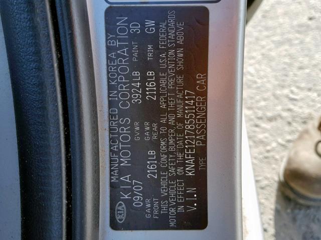 KNAFE121785511417 - 2008 KIA SPECTRA EX SILVER photo 10