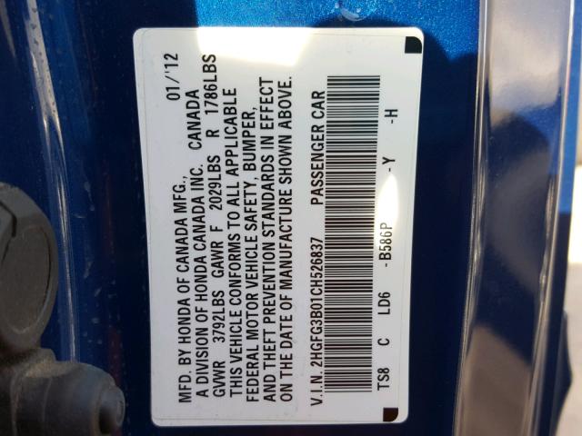 2HGFG3B01CH526837 - 2012 HONDA CIVIC EXL BLUE photo 10