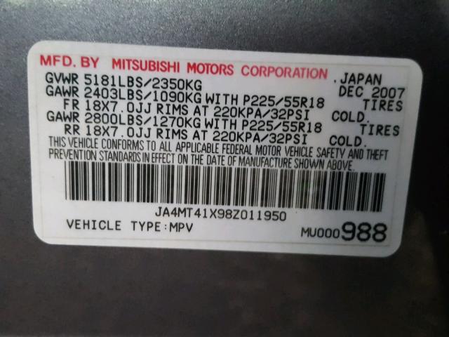 JA4MT41X98Z011950 - 2008 MITSUBISHI OUTLANDER GRAY photo 10