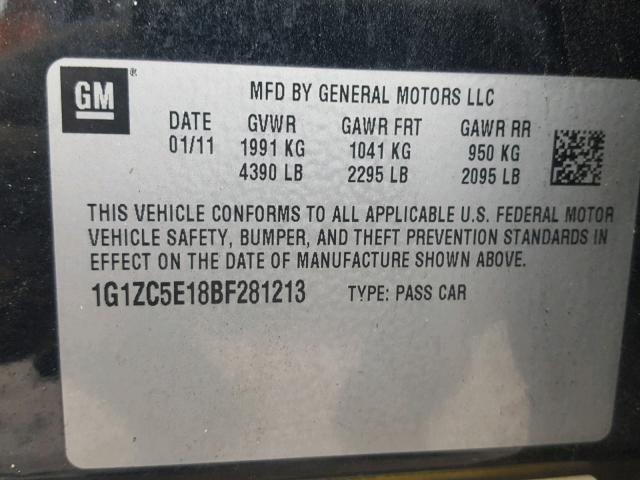 1G1ZC5E18BF281213 - 2011 CHEVROLET MALIBU 1LT BLACK photo 10