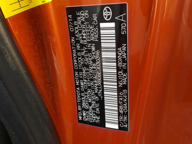 JTNJJXB06EJ030396 - 2014 TOYOTA SCION IQ ORANGE photo 10