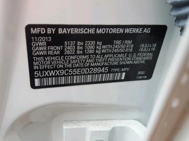 5UXWX9C55E0D28945 - 2014 BMW X3 XDRIVE2 WHITE photo 10