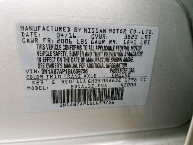 3N1AB7AP1GL659756 - 2016 NISSAN SENTRA S SILVER photo 10