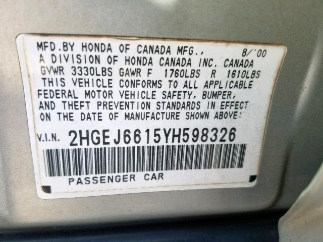 2HGEJ6615YH598326 - 2000 HONDA CIVIC BASE SILVER photo 10