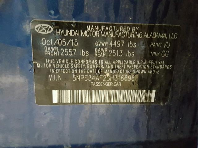 5NPE34AF2GH316696 - 2016 HYUNDAI SONATA SPO BLUE photo 10