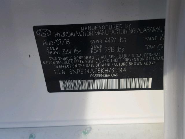 5NPE34AF5KH730144 - 2019 HYUNDAI SONATA SPO WHITE photo 10