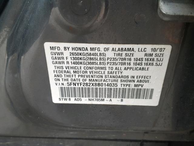 5FNYF282X8B014035 - 2008 HONDA PILOT VP GRAY photo 10