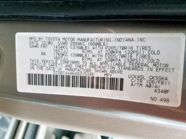 5TDBT44A64S215346 - 2004 TOYOTA SEQUOIA SR SILVER photo 10