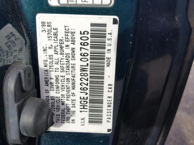 1HGEJ6228WL067605 - 1998 HONDA CIVIC DX BLUE photo 10