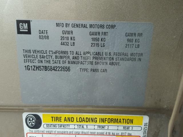 1G1ZH57B684222656 - 2008 CHEVROLET MALIBU 1LT GOLD photo 10