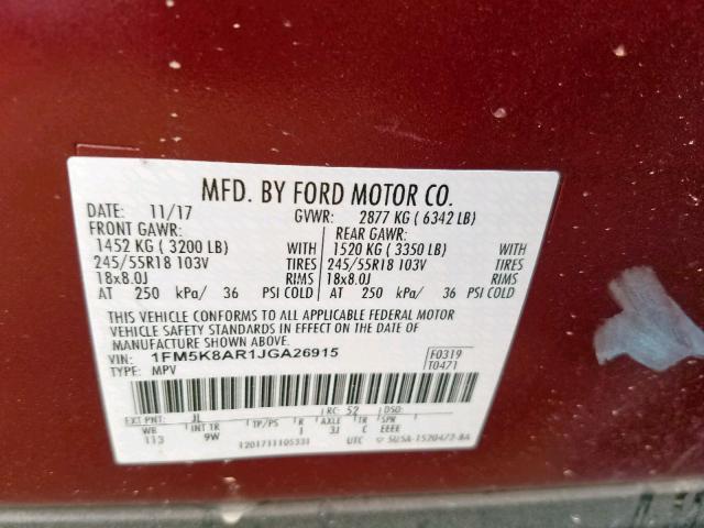 1FM5K8AR1JGA26915 - 2018 FORD EXPLORER P MAROON photo 10