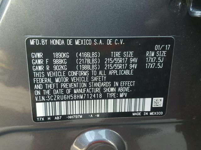 3CZRU6H58HM712418 - 2017 HONDA HR-V EX GRAY photo 10