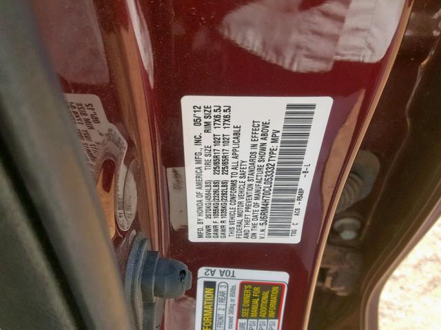 5J6RM4H70CL053332 - 2012 HONDA CR-V EXL BURGUNDY photo 10