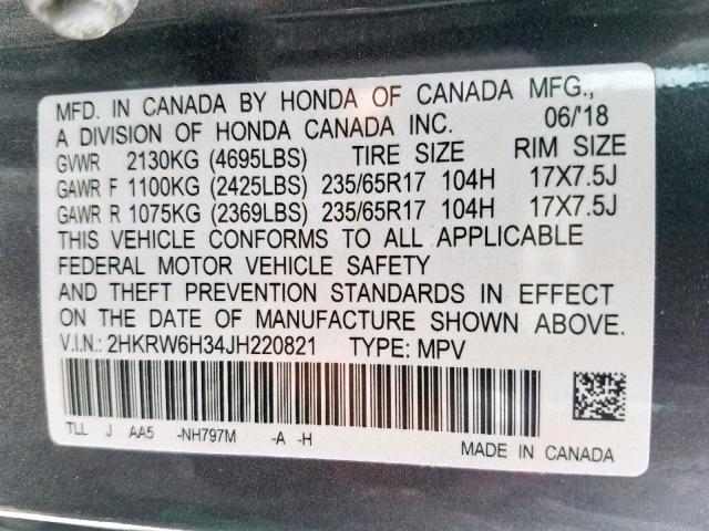 2HKRW6H34JH220821 - 2018 HONDA CR-V LX CHARCOAL photo 10