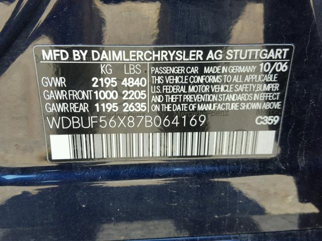 WDBUF56X87B064169 - 2007 MERCEDES-BENZ E 350 BLUE photo 10