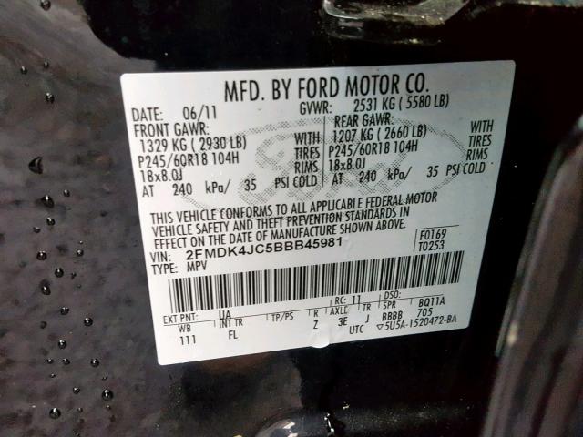 2FMDK4JC5BBB45981 - 2011 FORD EDGE SEL BLACK photo 10