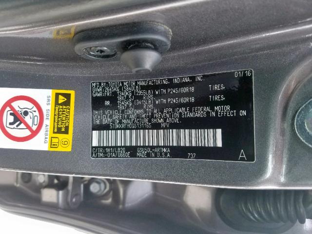 5TDKKRFH0GS131165 - 2016 TOYOTA HIGHLANDER GRAY photo 10