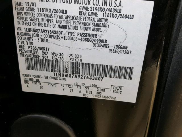 1LNHM87A92Y643807 - 2002 LINCOLN LS BLACK photo 10