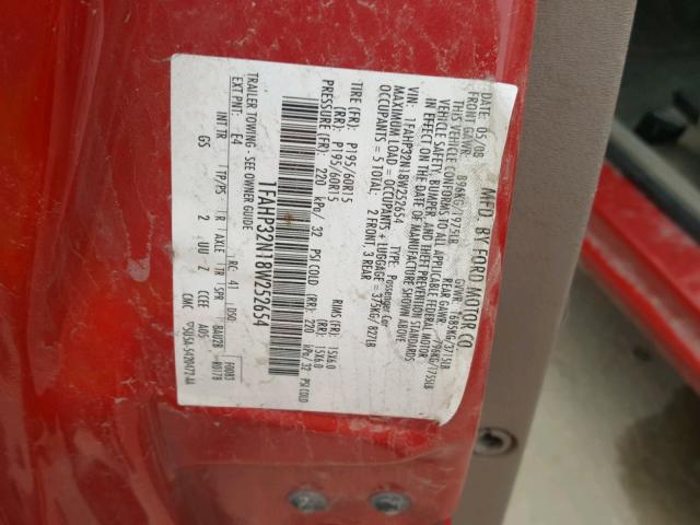 1FAHP32N18W252654 - 2008 FORD FOCUS S/SE RED photo 10