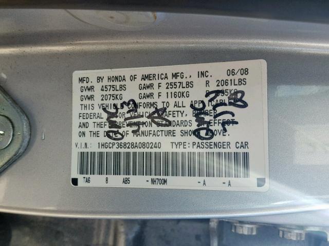 1HGCP36828A080240 - 2008 HONDA ACCORD EXL SILVER photo 10