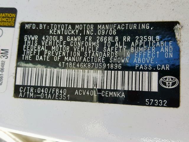 4T1BE46K87U591896 - 2007 TOYOTA CAMRY CE WHITE photo 10