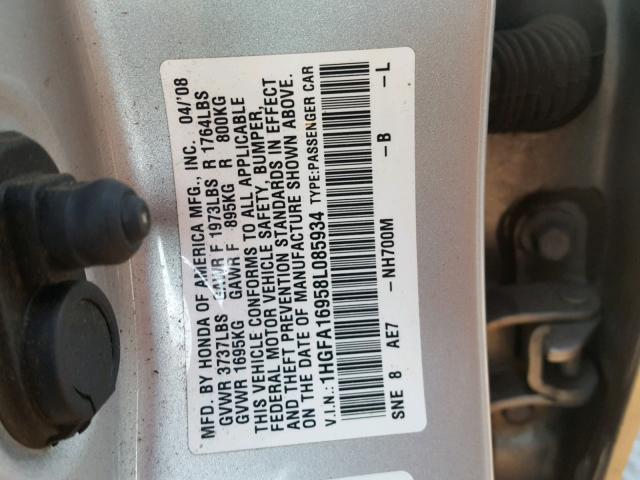 1HGFA16958L085934 - 2008 HONDA CIVIC EXL SILVER photo 10