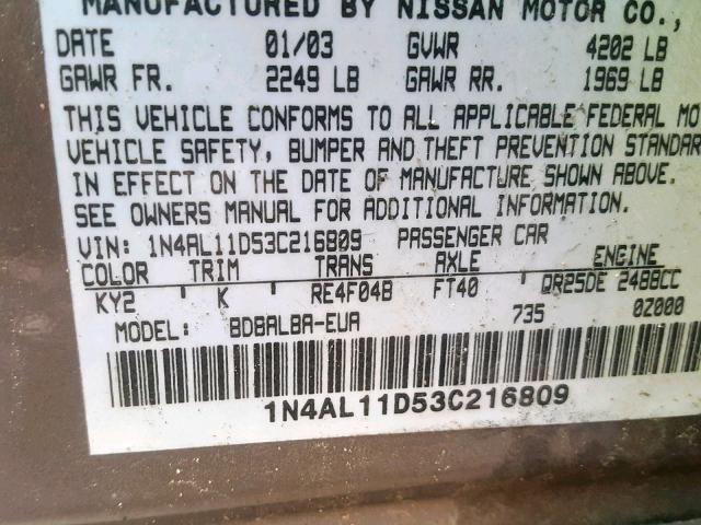 1N4AL11D53C216809 - 2003 NISSAN ALTIMA BAS GRAY photo 10