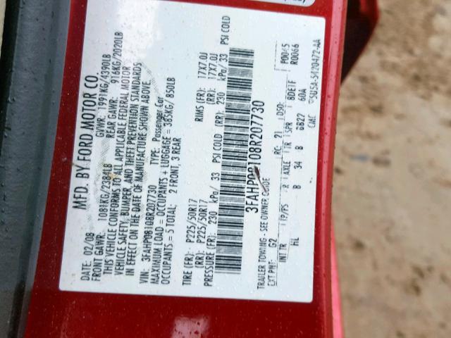 3FAHP08108R207730 - 2008 FORD FUSION SEL RED photo 10