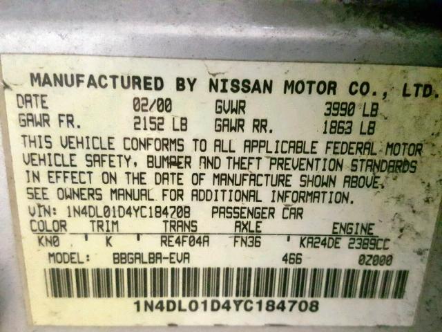 1N4DL01D4YC184708 - 2000 NISSAN ALTIMA XE SILVER photo 10