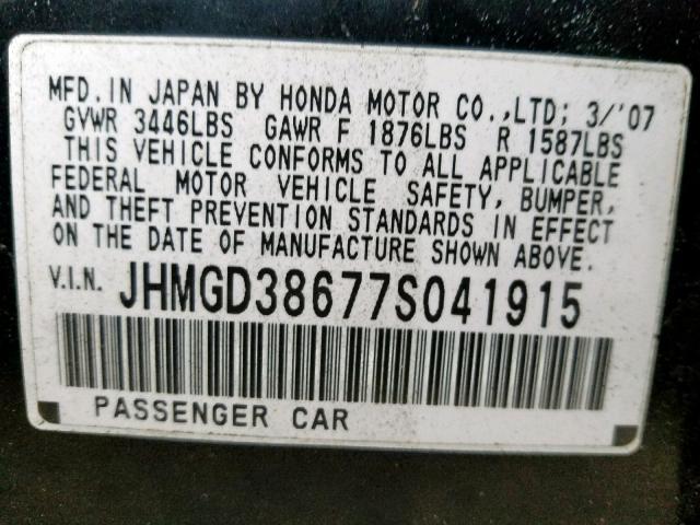 JHMGD38677S041915 - 2007 HONDA FIT S BLACK photo 10