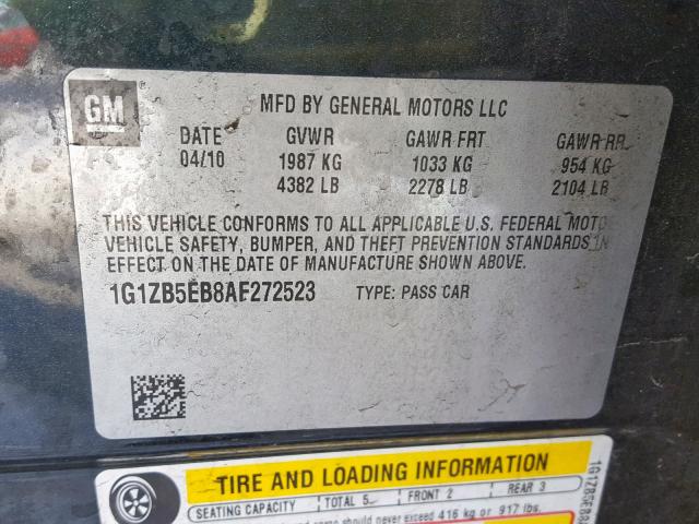 1G1ZB5EB8AF272523 - 2010 CHEVROLET MALIBU LS შავი ფოტო 10