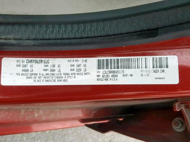 1C3LC56R88N231173 - 2008 CHRYSLER SEBRING TO RED photo 10